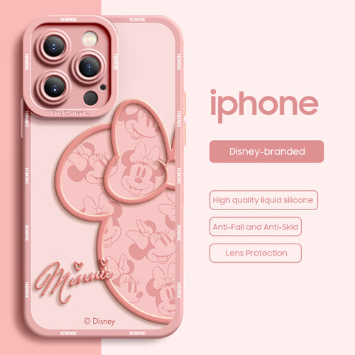 Pink phone case with Minnie Mouse design on a white background