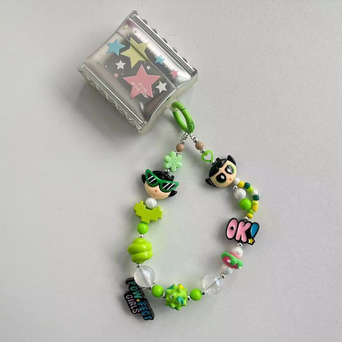Y2K Style Green Cartoon Girl Beaded Phone Charm, Handmade Acrylic Bead Phone Chain, Cute Pendant for Cellphone, Backpack, Cup and Keyring