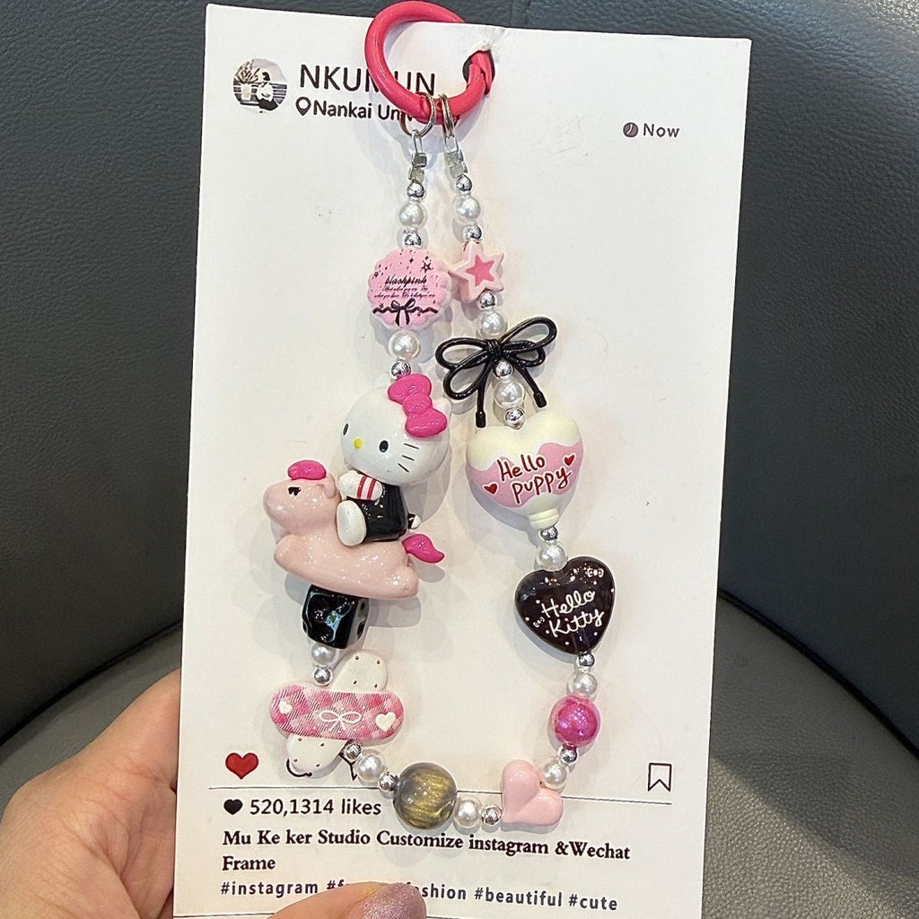 Cute Cartoon Kitten Beaded Phone Charm, Pink Bow Handmade Beaded Phone Chain for Cell Phone, Bag & Key Decor
