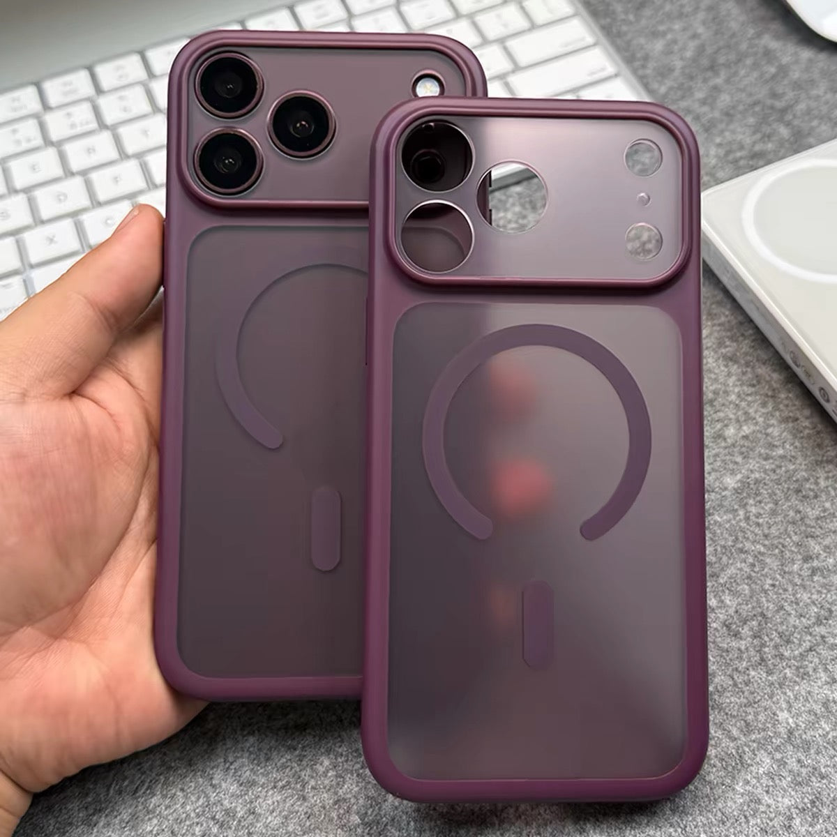 Tinted transparent phone case for MagSafe charging, close-up