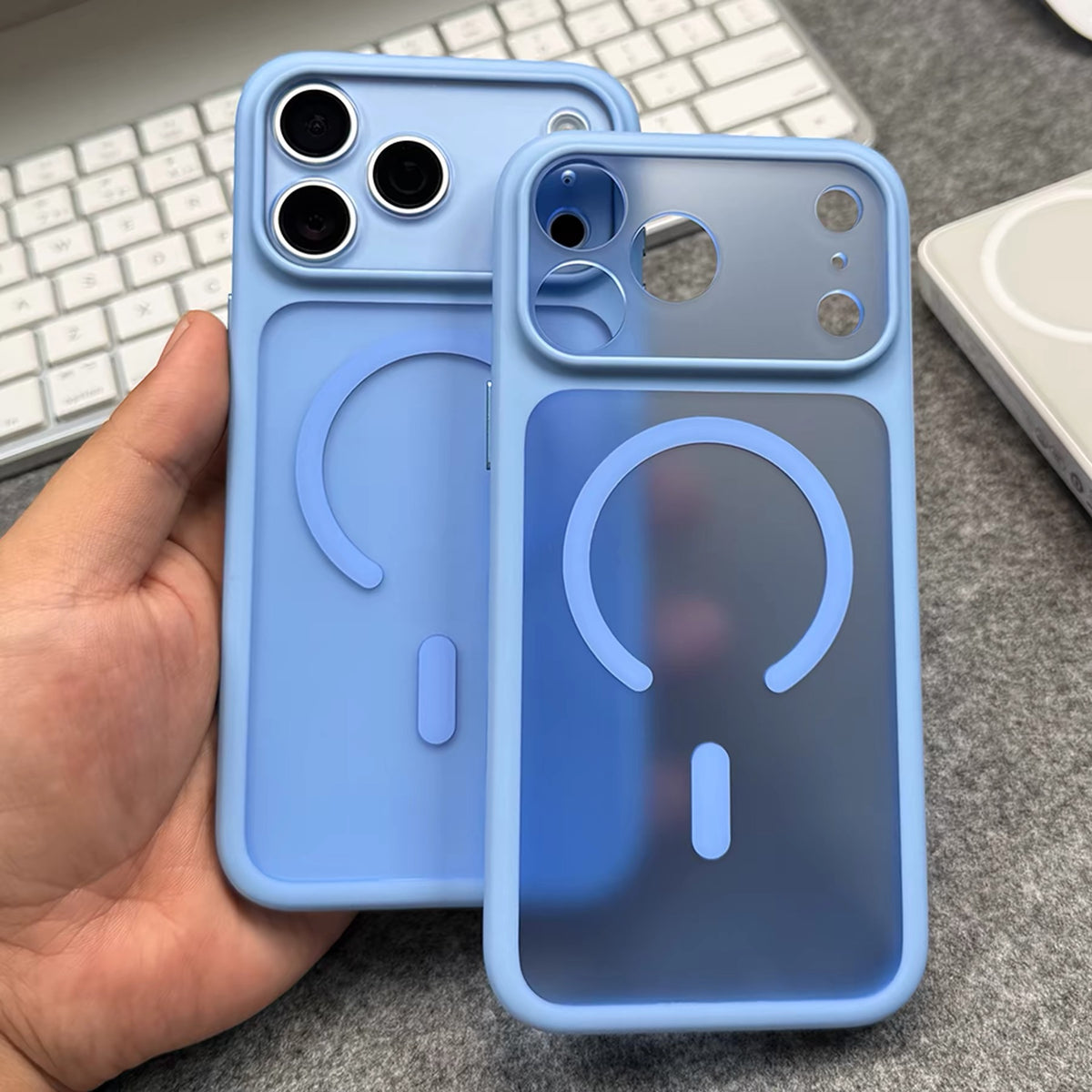 Tinted clear MagSafe case on an iPhone, see-through colored back