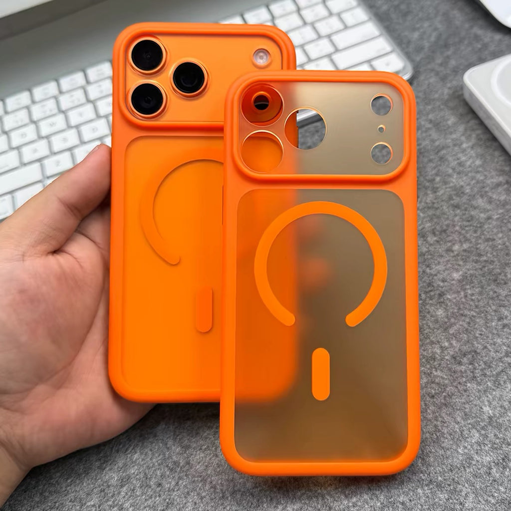 Colored clear iPhone case showing camera cutout and button covers