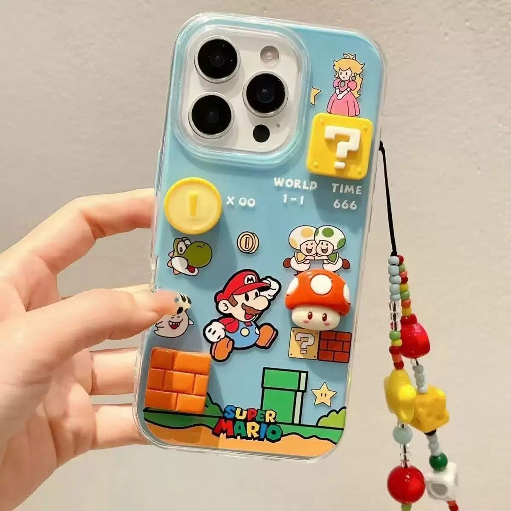 Phone case with Super Mario design held by a hand against a neutral background