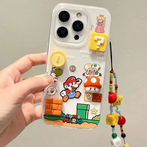 Phone case with Super Mario design held by a hand against a neutral background