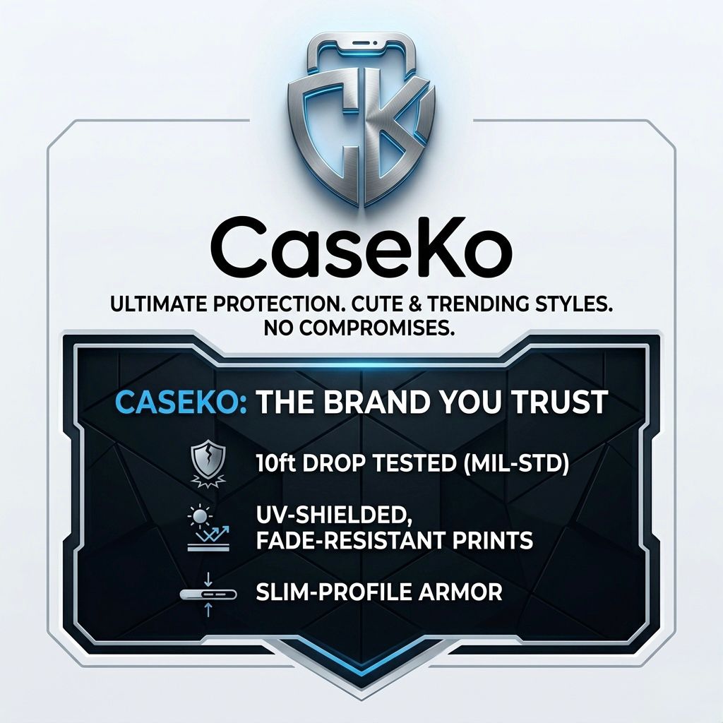 Promotional graphic for CaseKo with brand logo and product features on a light gray background