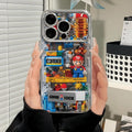 Phone case with LEGO-style design held by a person, featuring a character and text.