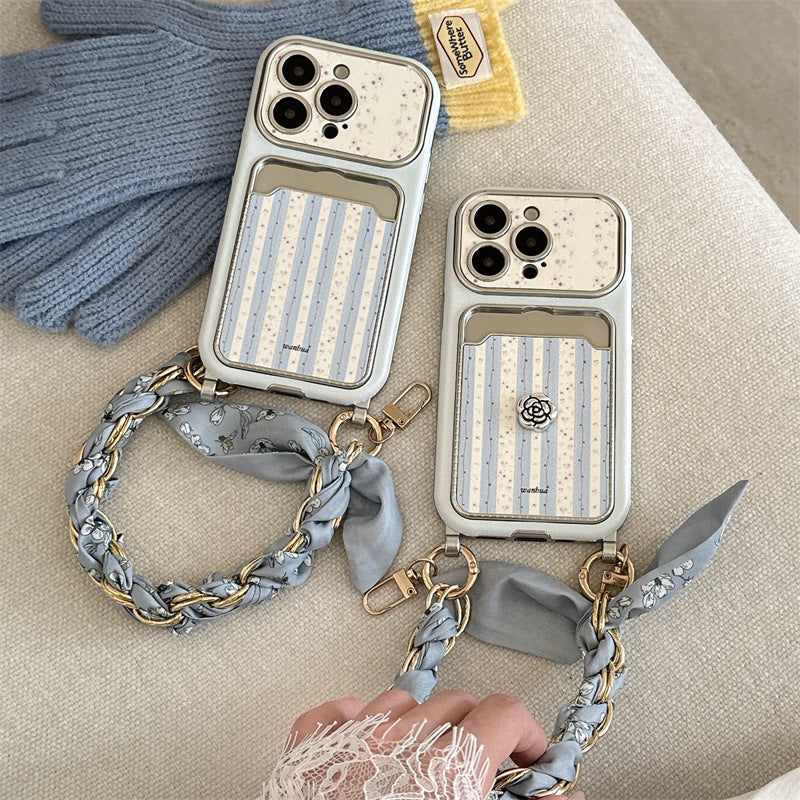 Striped phone case with lanyard – blue stripes and floral strap, main photo