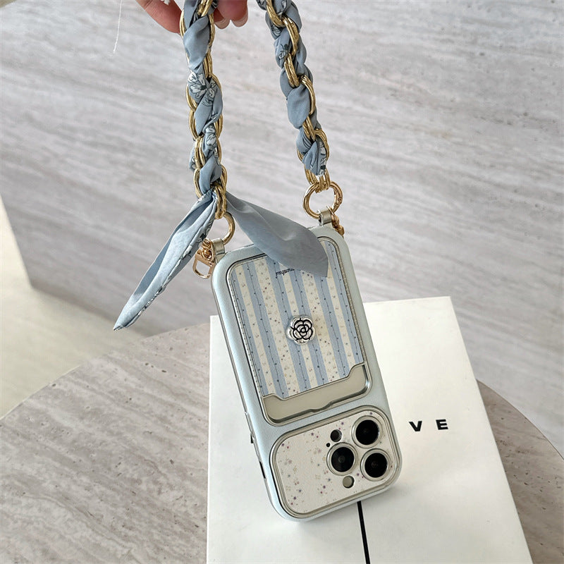 Blue striped iPhone case with floral strap – product photo 3