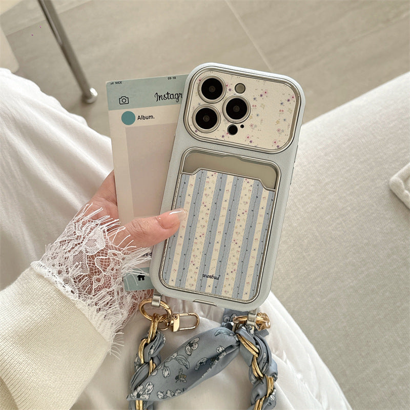 Blue striped iPhone case with floral strap – product photo 4